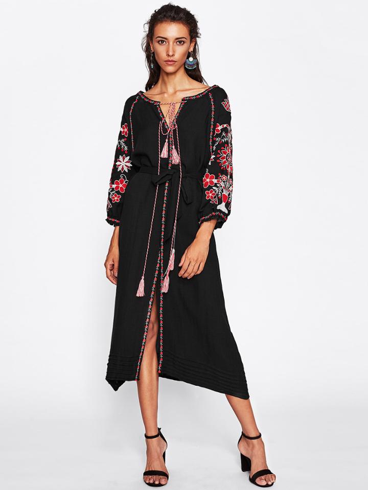 Romwe Embroidered Tape Detail V Cut Tassel Tie Slit Dress