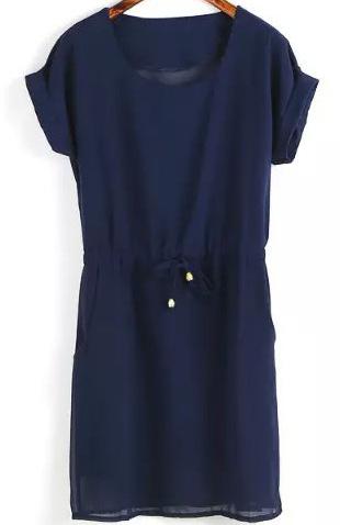 Romwe Short Sleeve Cuffed Navy Dress