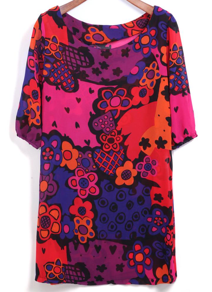 Romwe Round Neck Florals Shift Dress