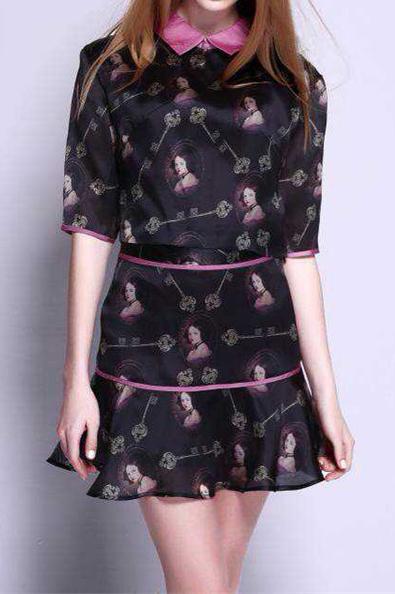 Romwe Beauty Key Print Crop Top With Ruffle Skirt