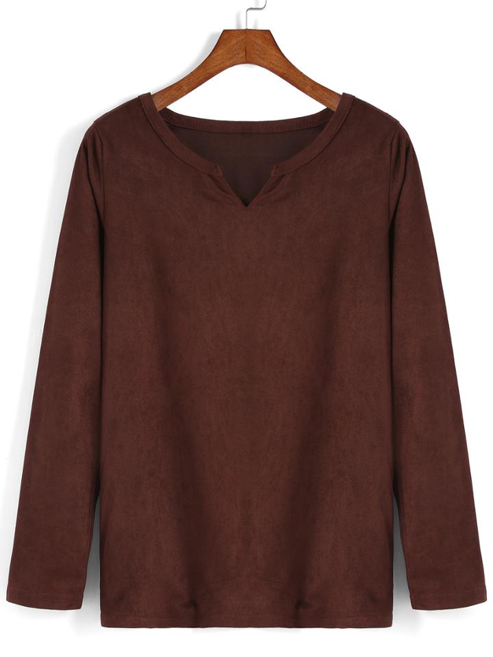 Romwe V Neck Long Sleeve Suede T-shirt
