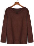 Romwe V Neck Long Sleeve Suede T-shirt