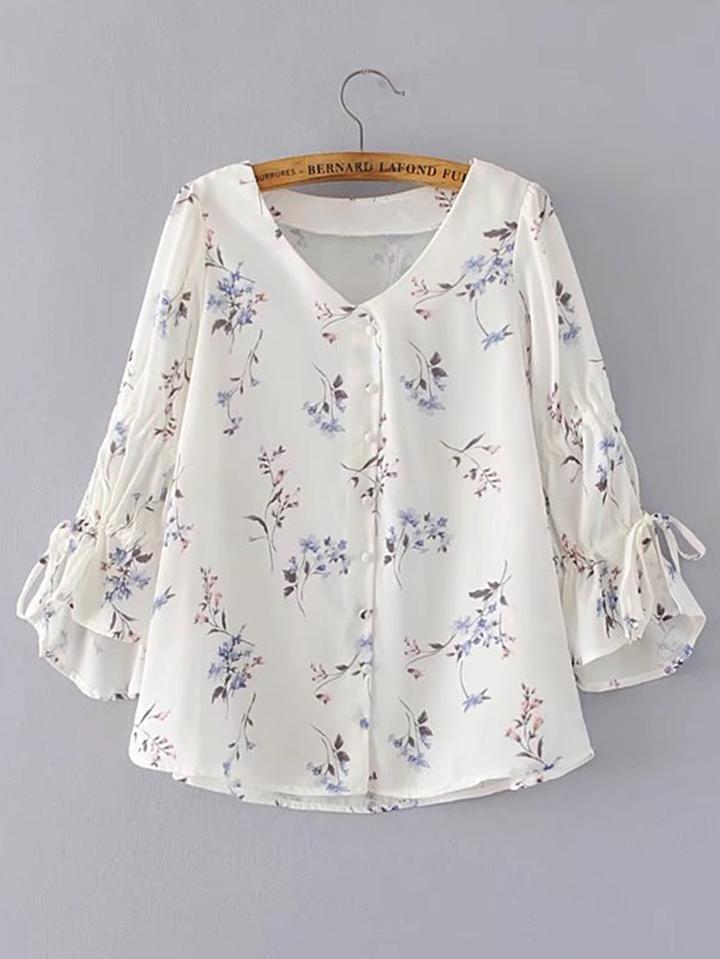 Romwe Bell Sleeve Lace Up Detail Floral Blouse