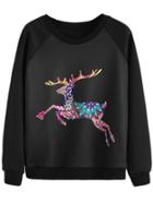 Romwe Black Elk Print Raglan Sleeve Sweatshirt