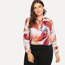 Romwe Plus Contrast Lace Sleeve Tropical Print Blouse