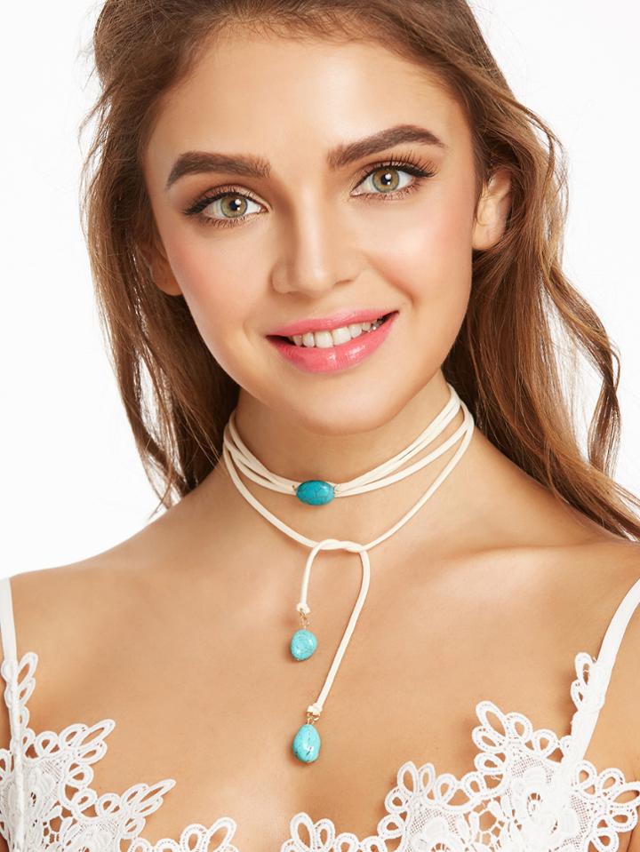 Romwe White Layered Turquoise Stone String Choker