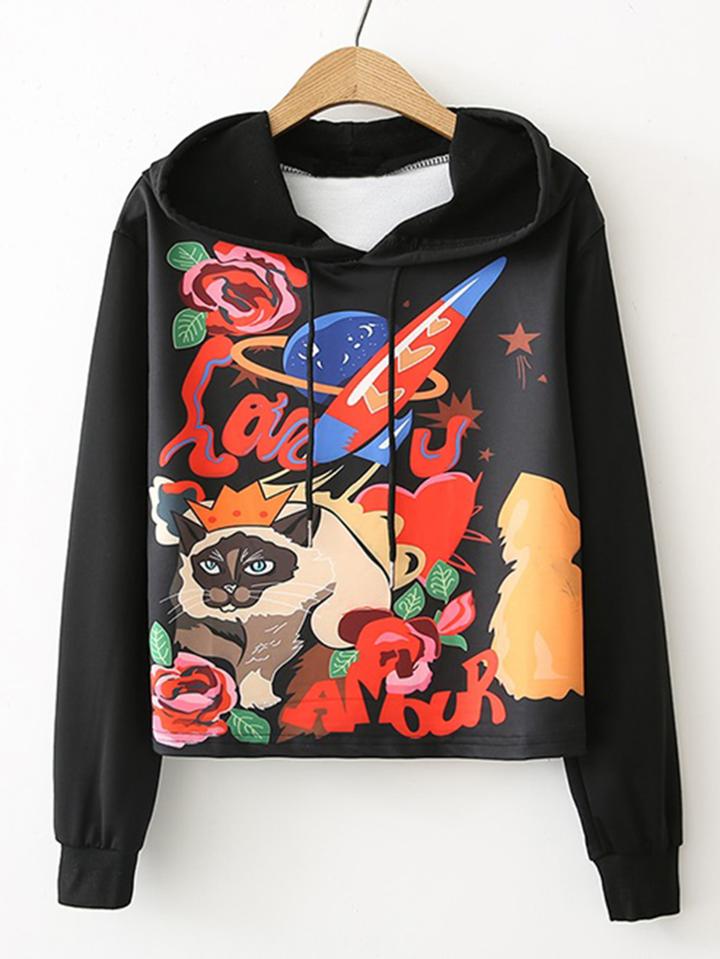 Romwe Graphic Print Hooded Sweatshirt