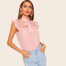 Romwe Dot Mesh Insert Frilled Tie Neck Shell Top