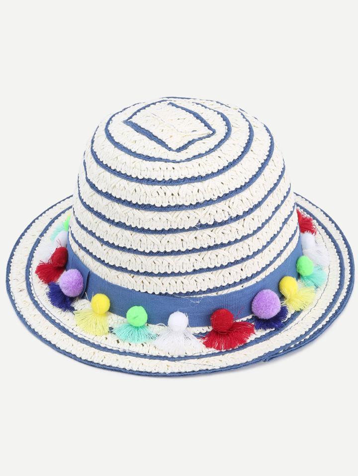 Romwe White Striped Pom Pom Embellished Straw Bucket Hat