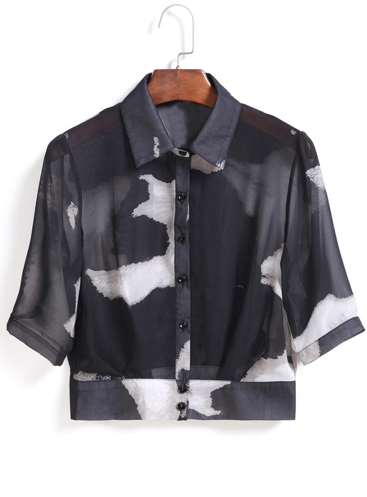 Romwe Lapel Camouflage Chiffon Crop Blouse