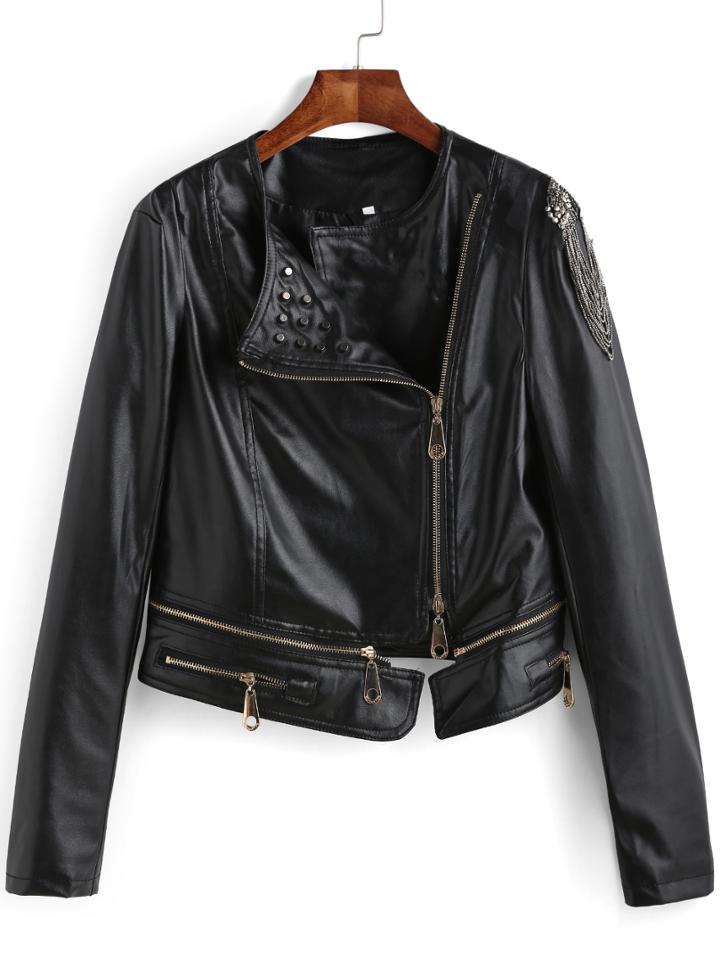 Romwe Studded Beaded Zipper Pu Slim Jacket