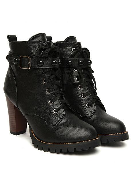 Romwe Black Lace Up Studded Chunky Boots