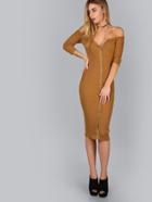 Romwe Brown Button Up Off The Shoulder Ribbed Dress
