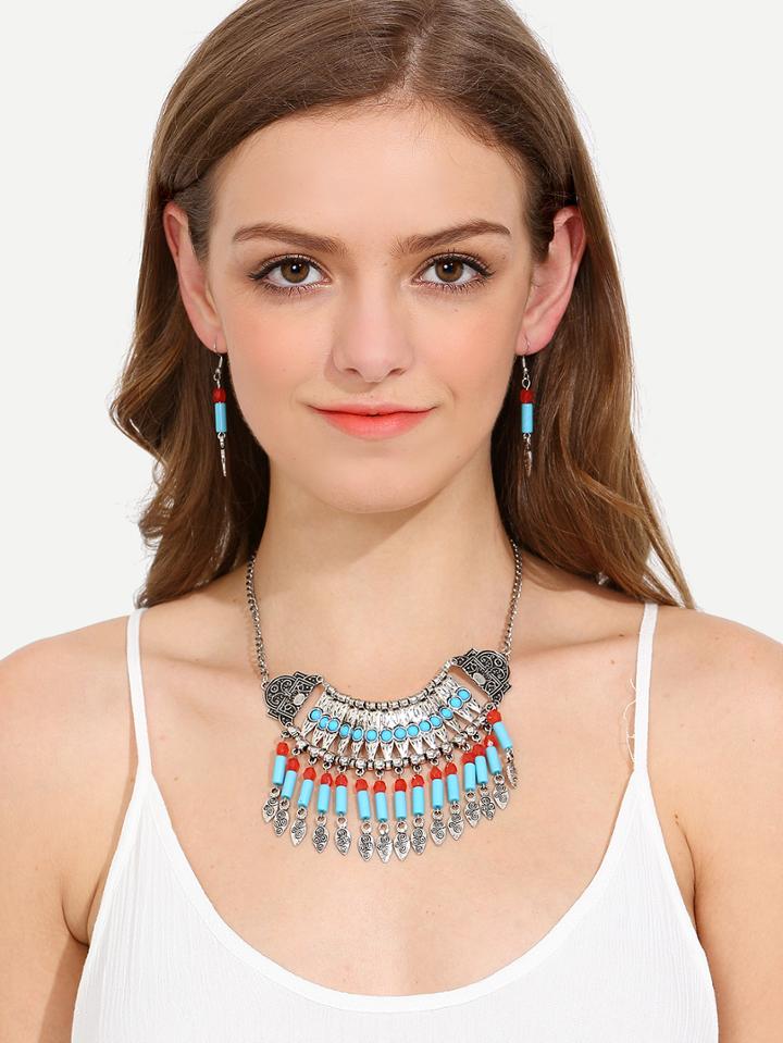 Romwe Bohemia Beaded Tassel Pendant Necklace