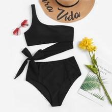 Romwe One Shoulder Bow Tie Bikini Set