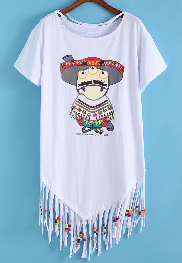 Romwe With Bead Tassel Cartoon Print T-shirt