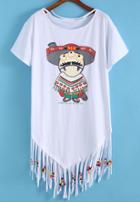 Romwe With Bead Tassel Cartoon Print T-shirt