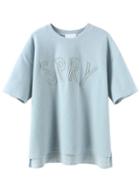 Romwe Dip Hem Letter Embroidered Blue T-shirt