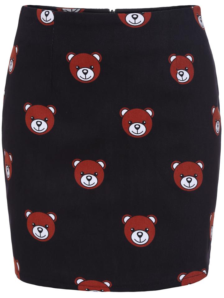 Romwe Bear Print Skinny Skirt