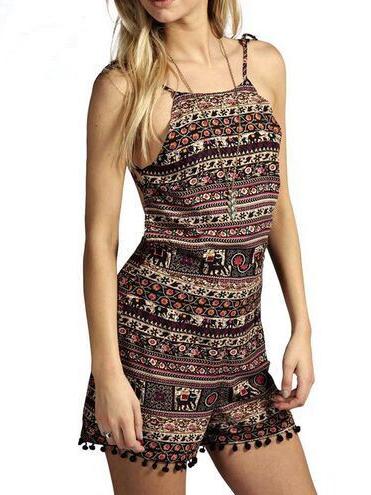Romwe Brown Tribal Print Tassel Trim Backless Romper