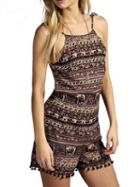 Romwe Brown Tribal Print Tassel Trim Backless Romper
