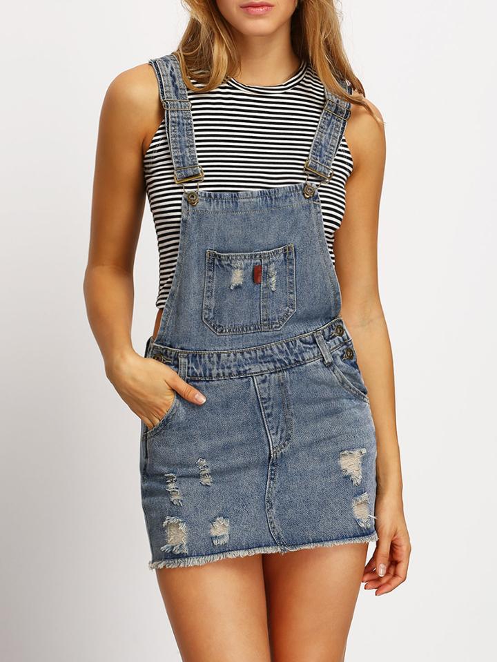 Romwe Straps Ripped Frayed Denim Braces Dress