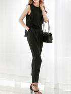 Romwe Sleeveless Fold Over Elastic Waist Jumpsuit