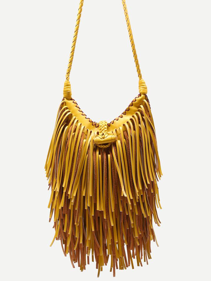 Romwe Yellow Pu Tassel Fringe Crossbody Bag With Woven Strap