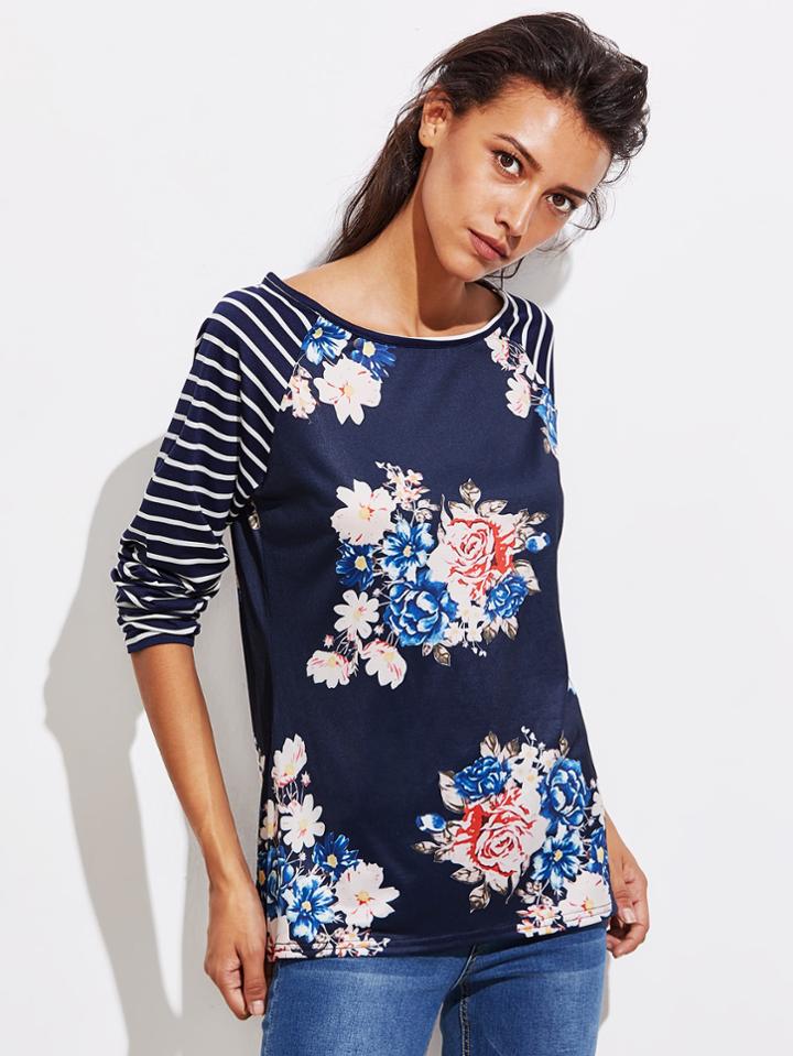 Romwe Stripe Raglan Sleeve Florals T-shirt