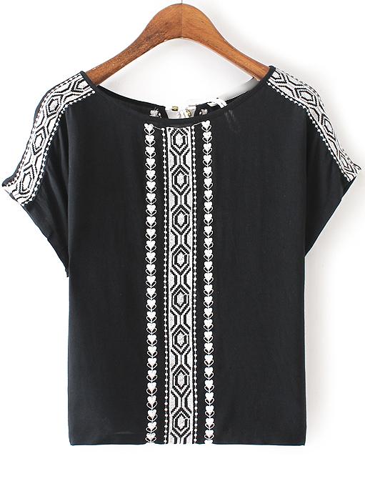 Romwe Black Embroidery Key-hole Tassel Back Blouse
