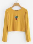Romwe Cactus Embroidered Crop T-shirt