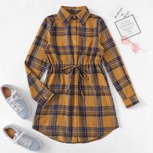 Romwe Drawstring Waist Plaid Dress
