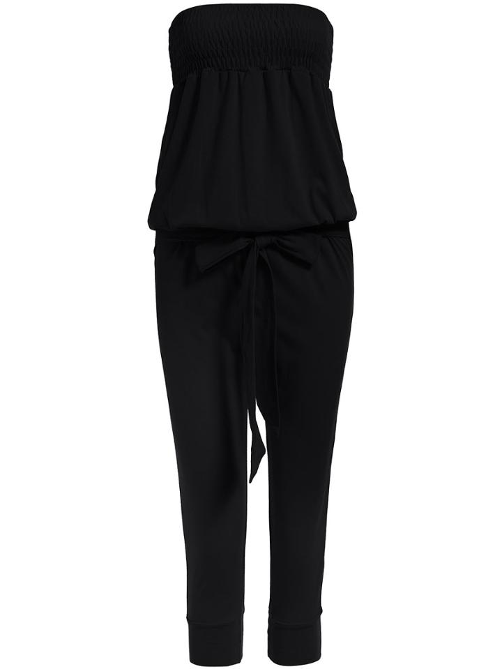Romwe Black Strapless Tie-waist Slim Jumpsuit