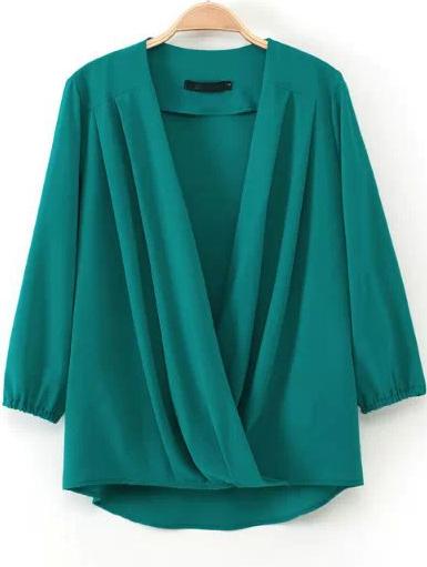 Romwe Green V Neck Cross Loose Blouse