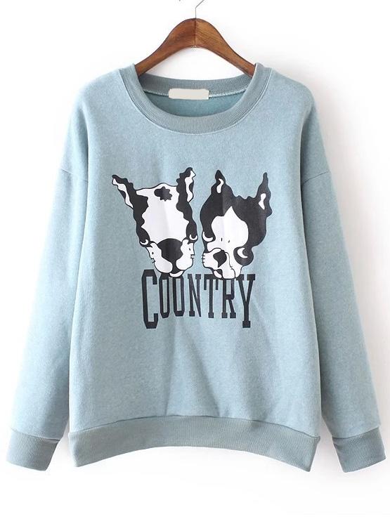 Romwe Cartoon Dog Print Blue Sweatshirt