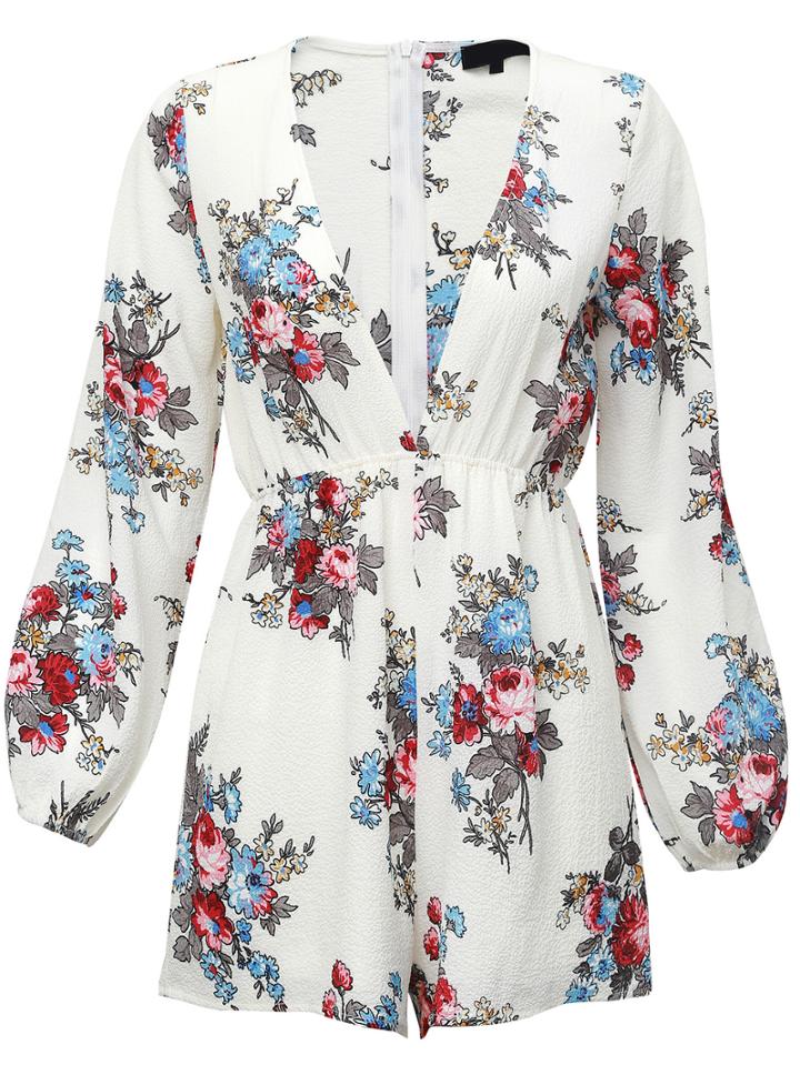 Romwe White V Neck Floral Jumpsuit