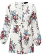 Romwe White V Neck Floral Jumpsuit