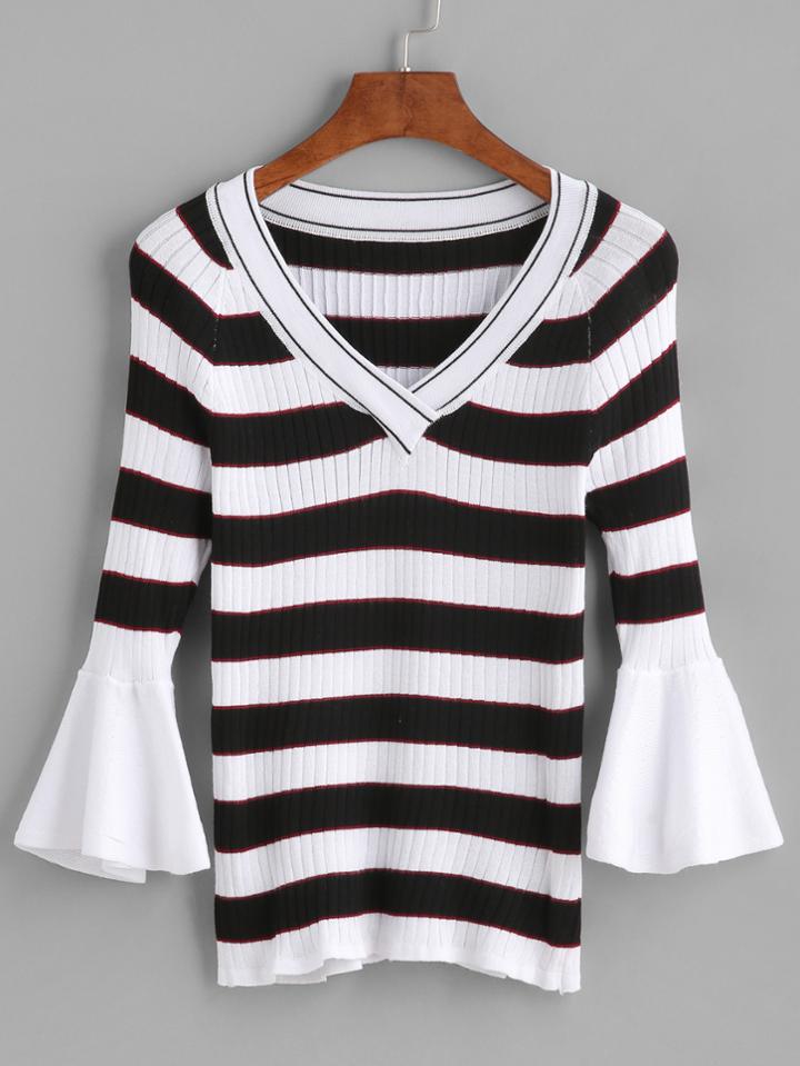 Romwe Contrast Striped V Neck Bell Sleeve Ribbed Sweater