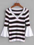 Romwe Contrast Striped V Neck Bell Sleeve Ribbed Sweater