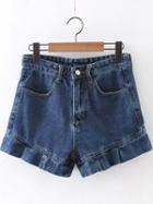 Romwe Dark Blue Ruffle Hem Pockets Zipper Shorts