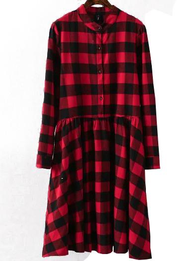 Romwe Plaid Pleated Red Shirt Dress