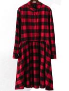 Romwe Plaid Pleated Red Shirt Dress