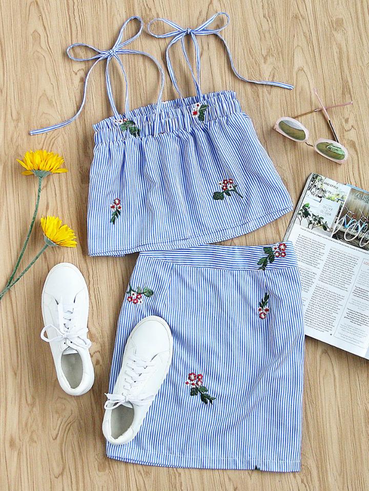 Romwe Self Tie Embroidered Striped Cami Top And Skirt Co-ord