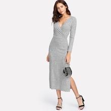 Romwe Side Slit Surplice Rib Midi Dress