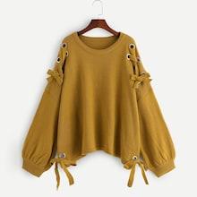 Romwe Plus Lantern Sleeve Grommet Lace Up Sweater