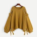 Romwe Plus Lantern Sleeve Grommet Lace Up Sweater