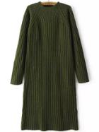 Romwe Mock Neck Raglan Sleeve Ribbed Green Sweater Dress