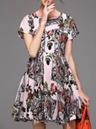 Romwe Pink Vintage Print A-line Dress