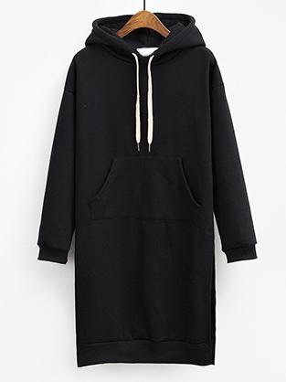 Romwe Hooded Drawstring Split Side Thicken Black Sweatshirt Dress