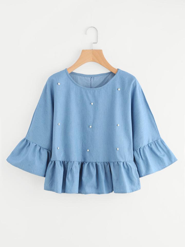Romwe Bead Decreation Ruffle Sleeve And Hem Blouse